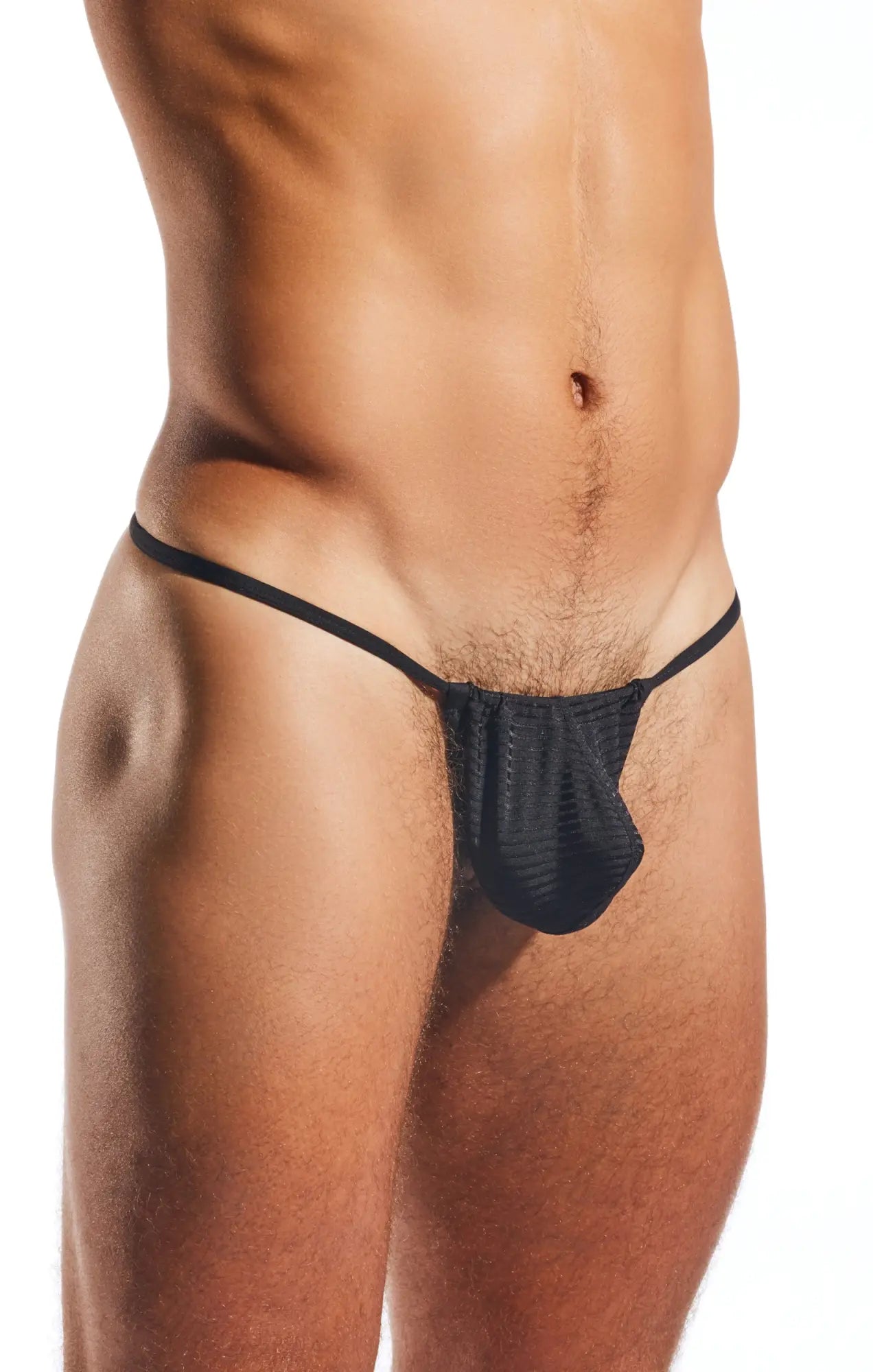 Black mesh semi-sheer slingshot thong with thin elastic waistband designed for a daring and comfortable fit
