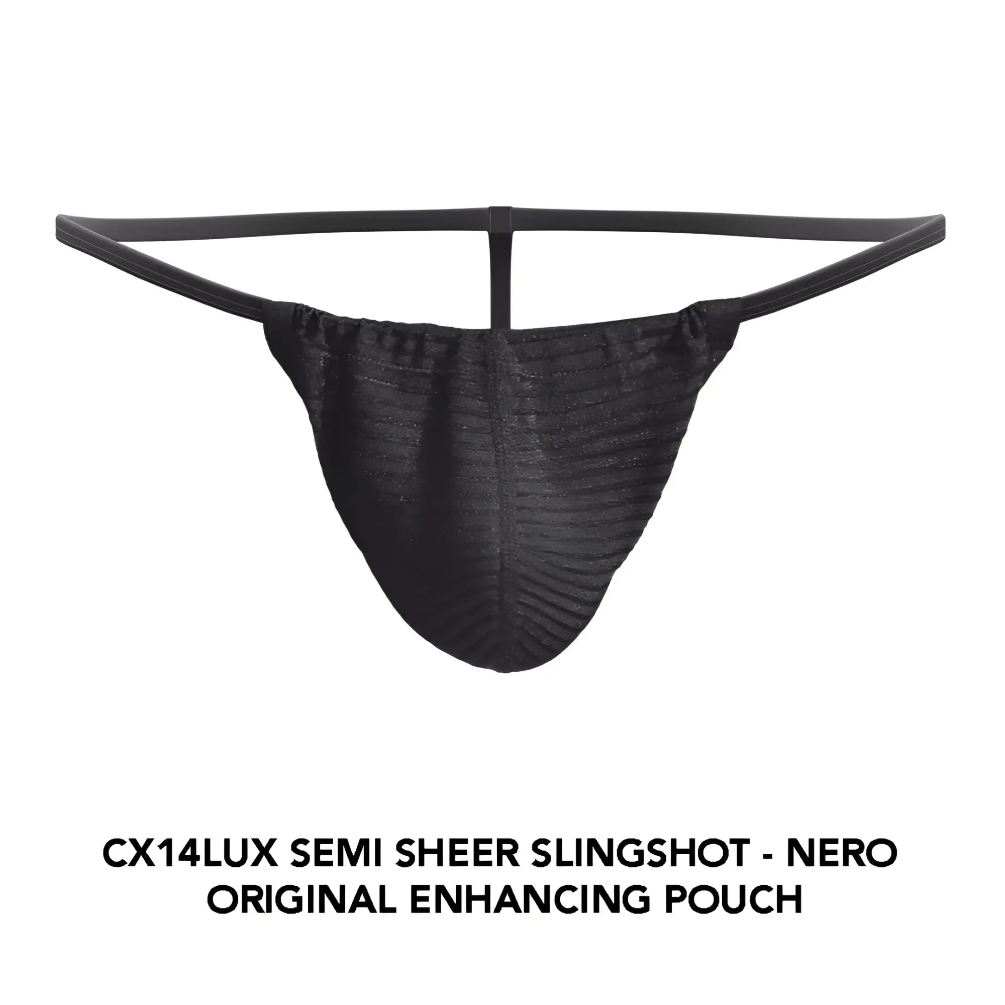 Black semi-sheer slingshot pouch with ribbed texture and elasticated waistband from cx14lux semi-sheer slingshot
