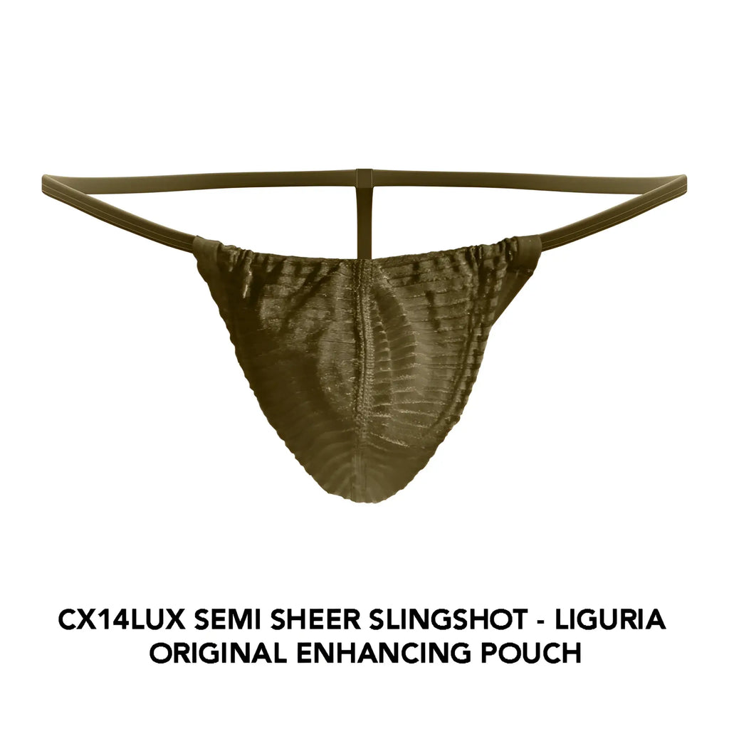 The cx14lux semi sheer slingshot in liguria is an olive green textured ribbed pouch with thin elastic straps