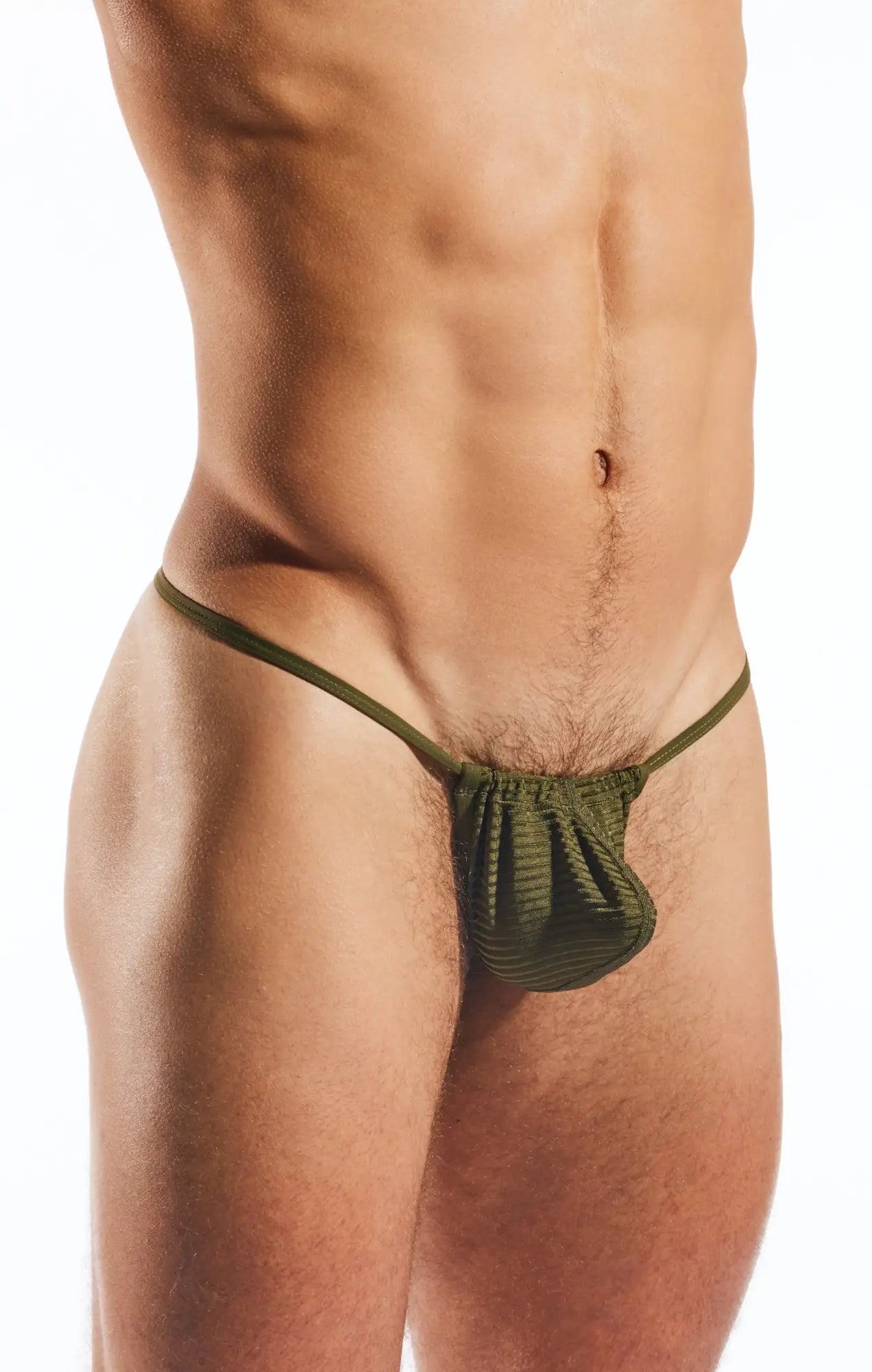 Olive green textured fabric thong cx14lux semi sheer slingshot showing the back side of the underwear