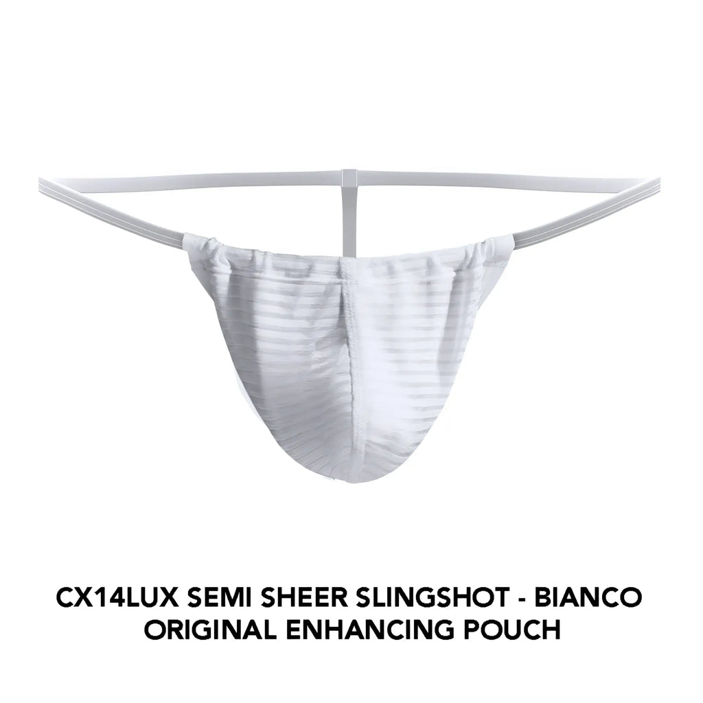 White semi-sheer slingshot pouch with subtle striped texture and elasticized waistband cx14lux semi-sheer slingshot