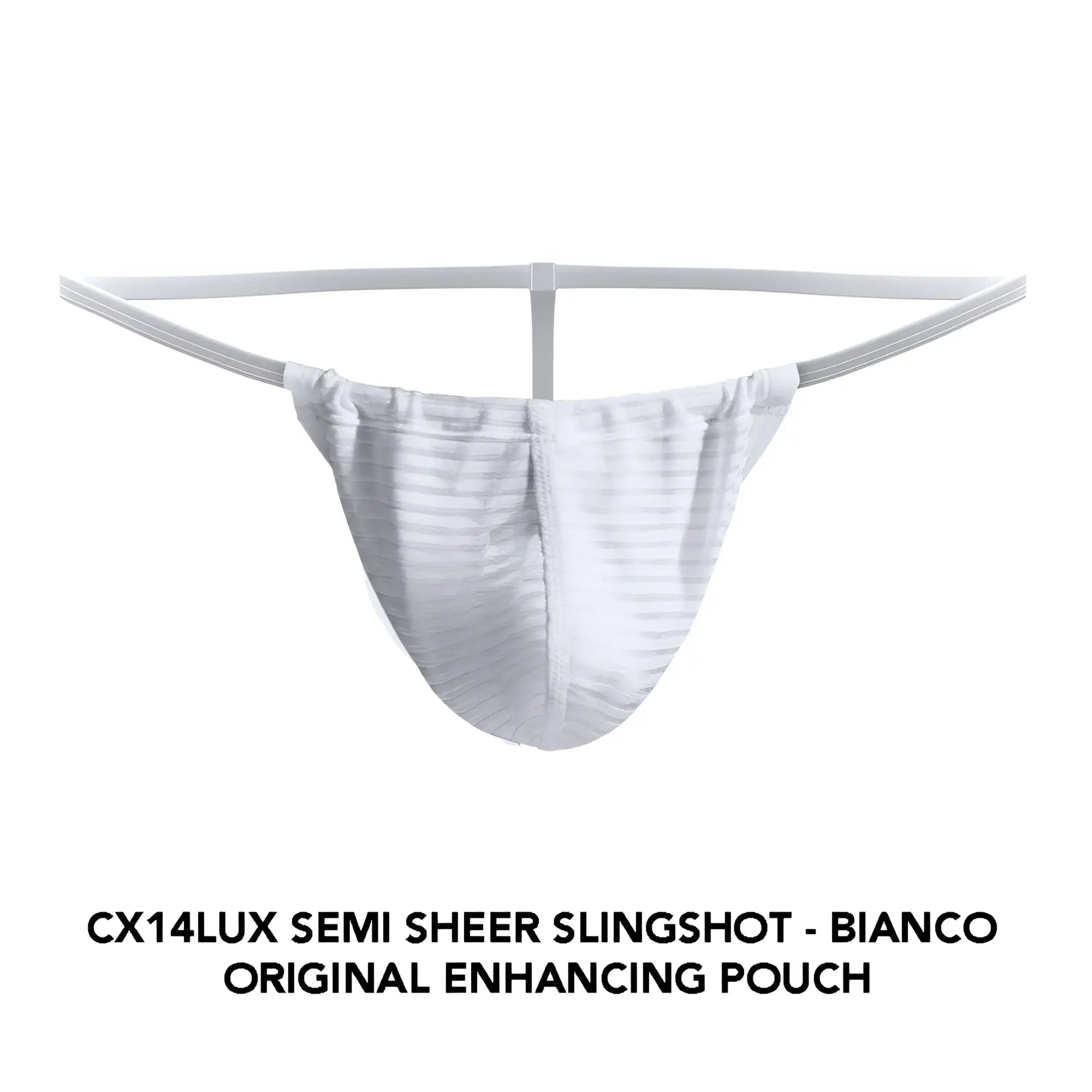 White semi-sheer slingshot pouch with subtle striped texture and elasticized waistband cx14lux semi-sheer slingshot