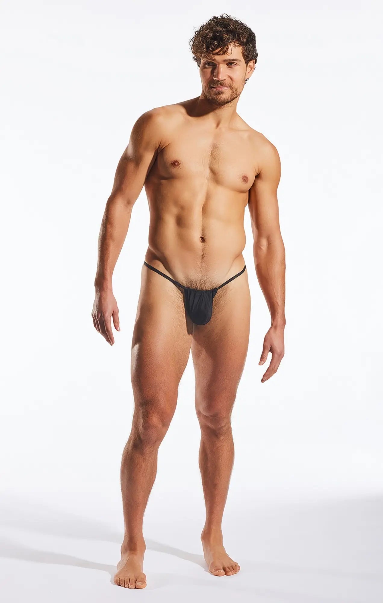 Black cx14me mesh slingshot thong with thin straps and smooth fabric featuring a small front pouch