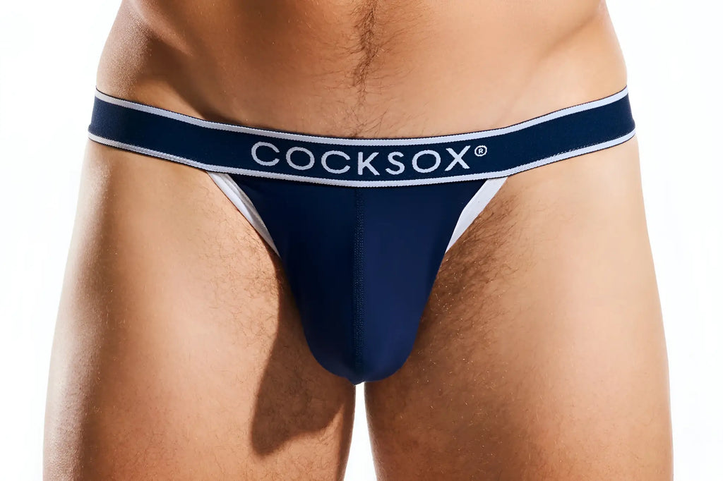 Navy blue cocksox cx16bb bikini brief thong with white trim and brand logo on waistband front side view