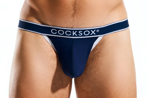 Navy blue cocksox cx16bb bikini brief thong with white trim and brand logo on waistband front side view