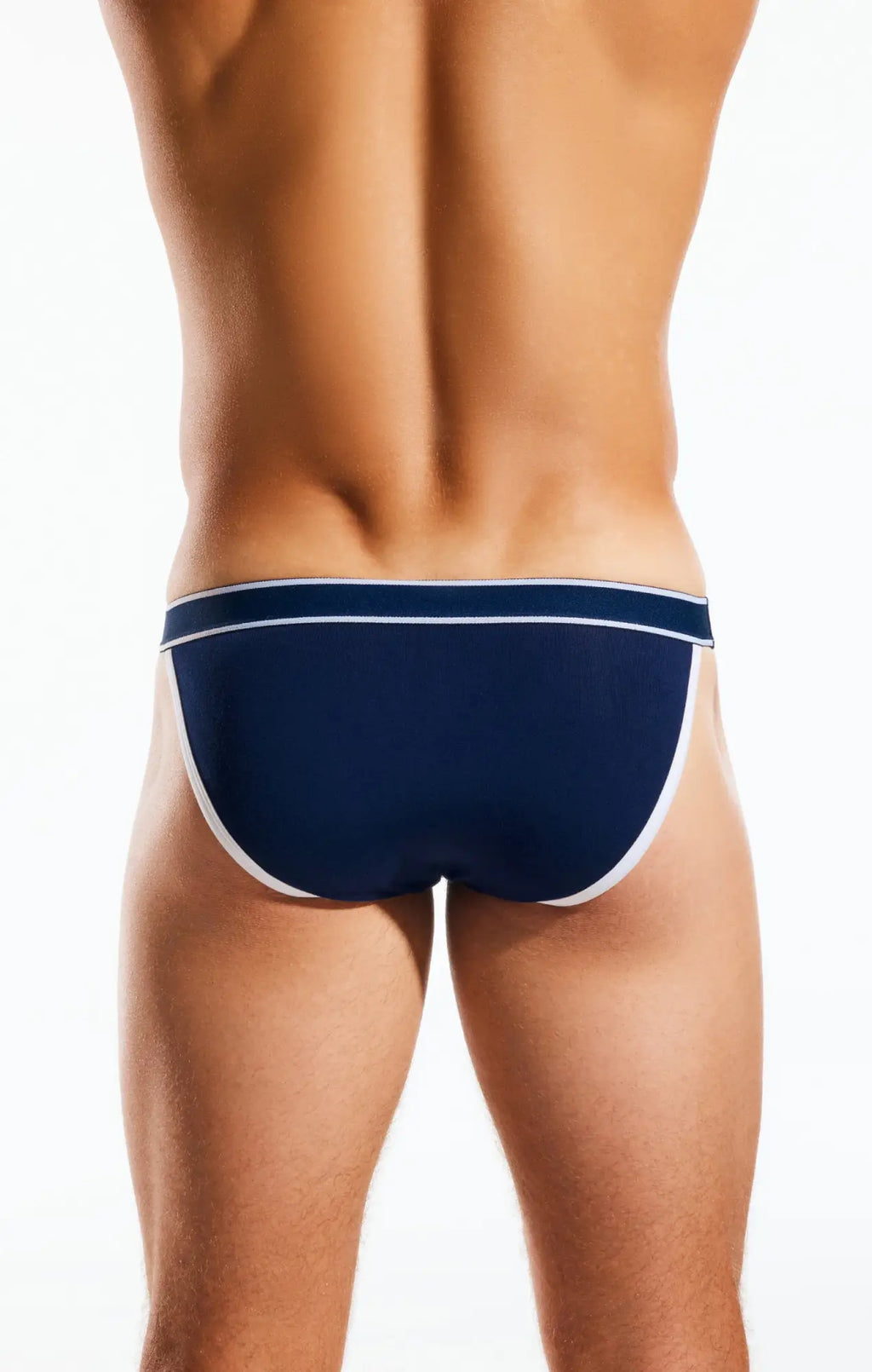 Navy blue cx16bb bikini brief with white trim and subtle textured waistband in soft breathable fabric