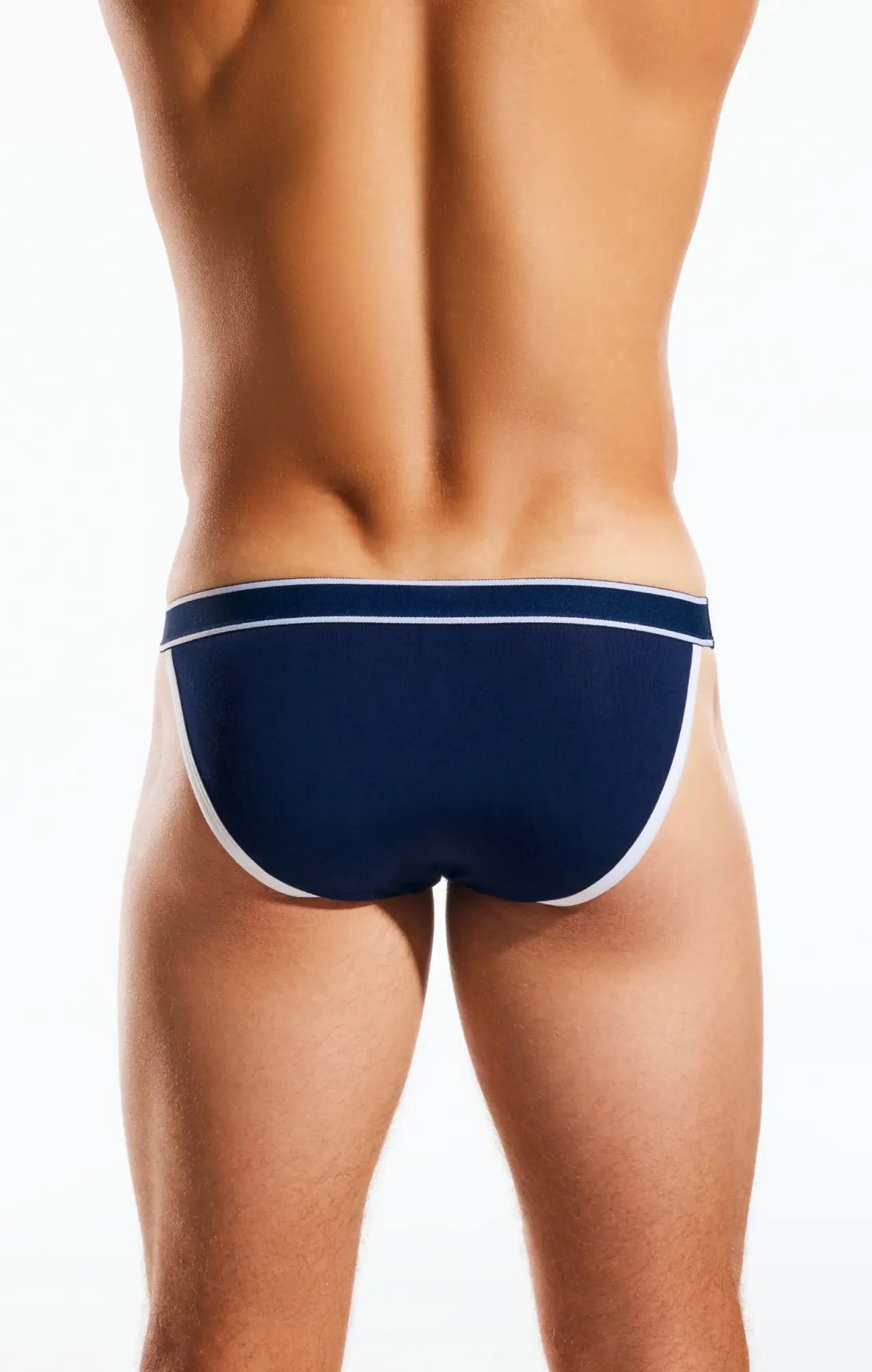 Navy blue cx16bb bikini brief with white trim and subtle textured waistband in soft breathable fabric