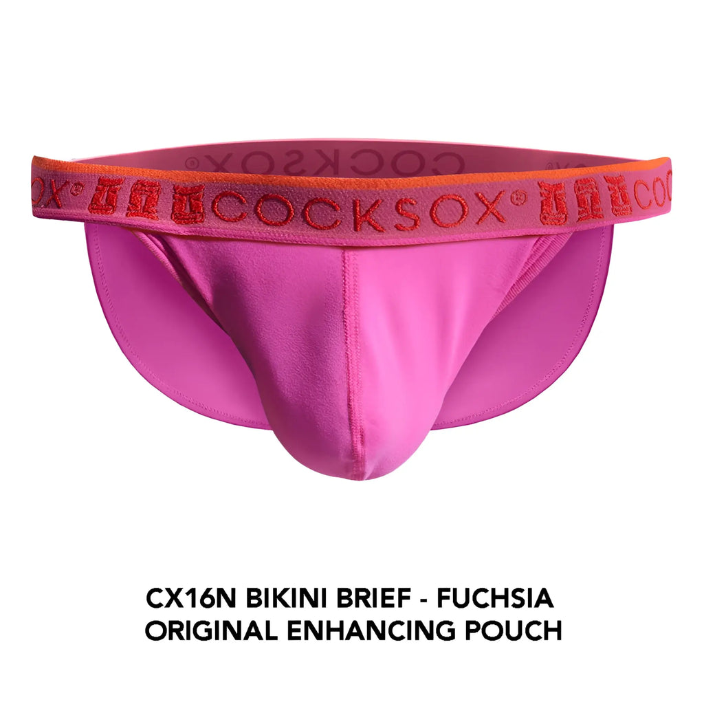 Fuchsia cocksox cx16n bikini brief with orange elastic waistband and red embroidered brand logo front view