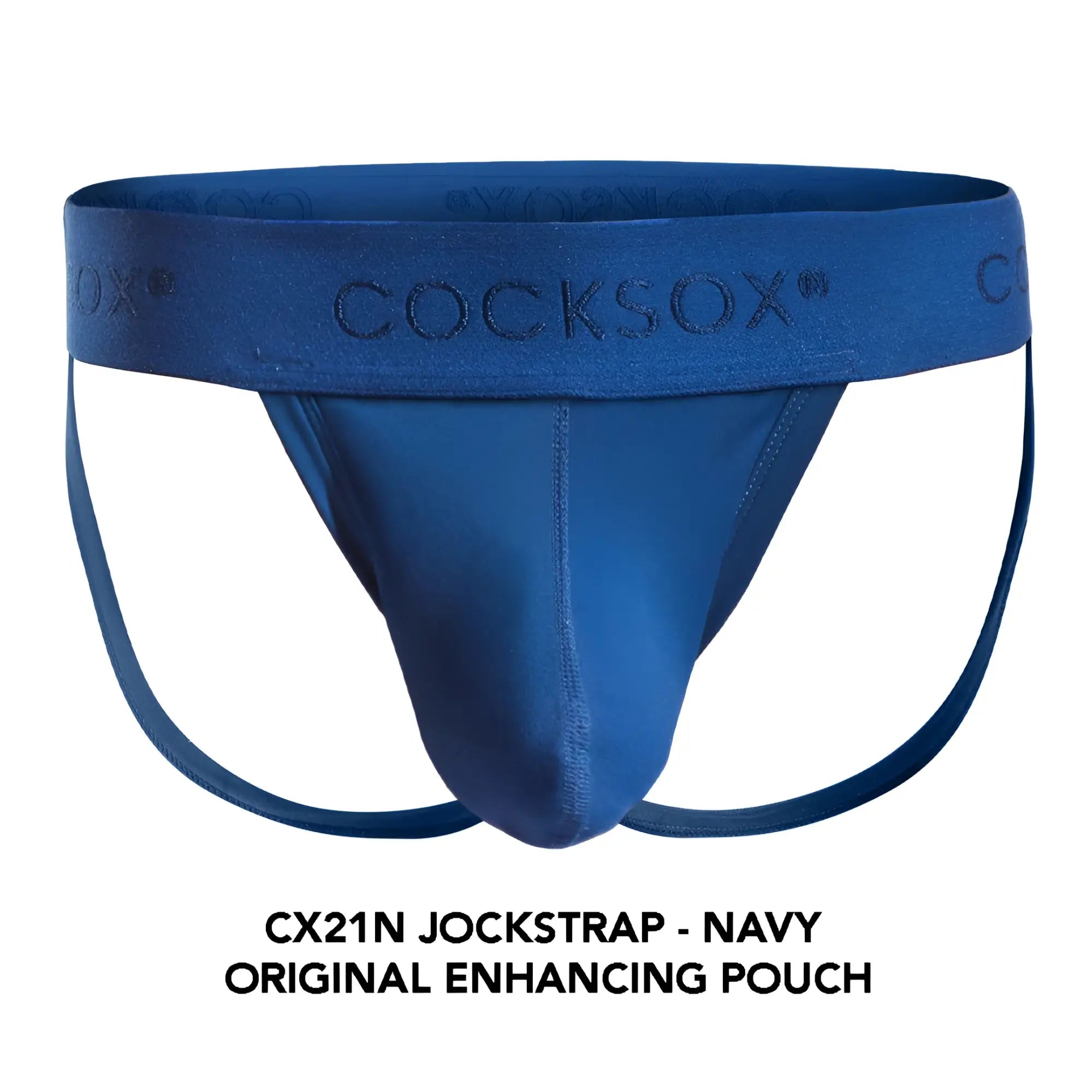 Navy blue Cocksox CX21N jockstrap with supportive pouch and branded waistband for comfortable wear