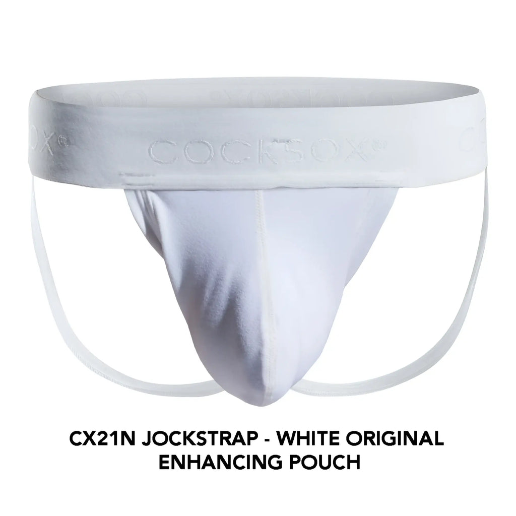 White cocksox cx21n jockstrap with smooth form fitting design and reinforced waistband for comfortable support