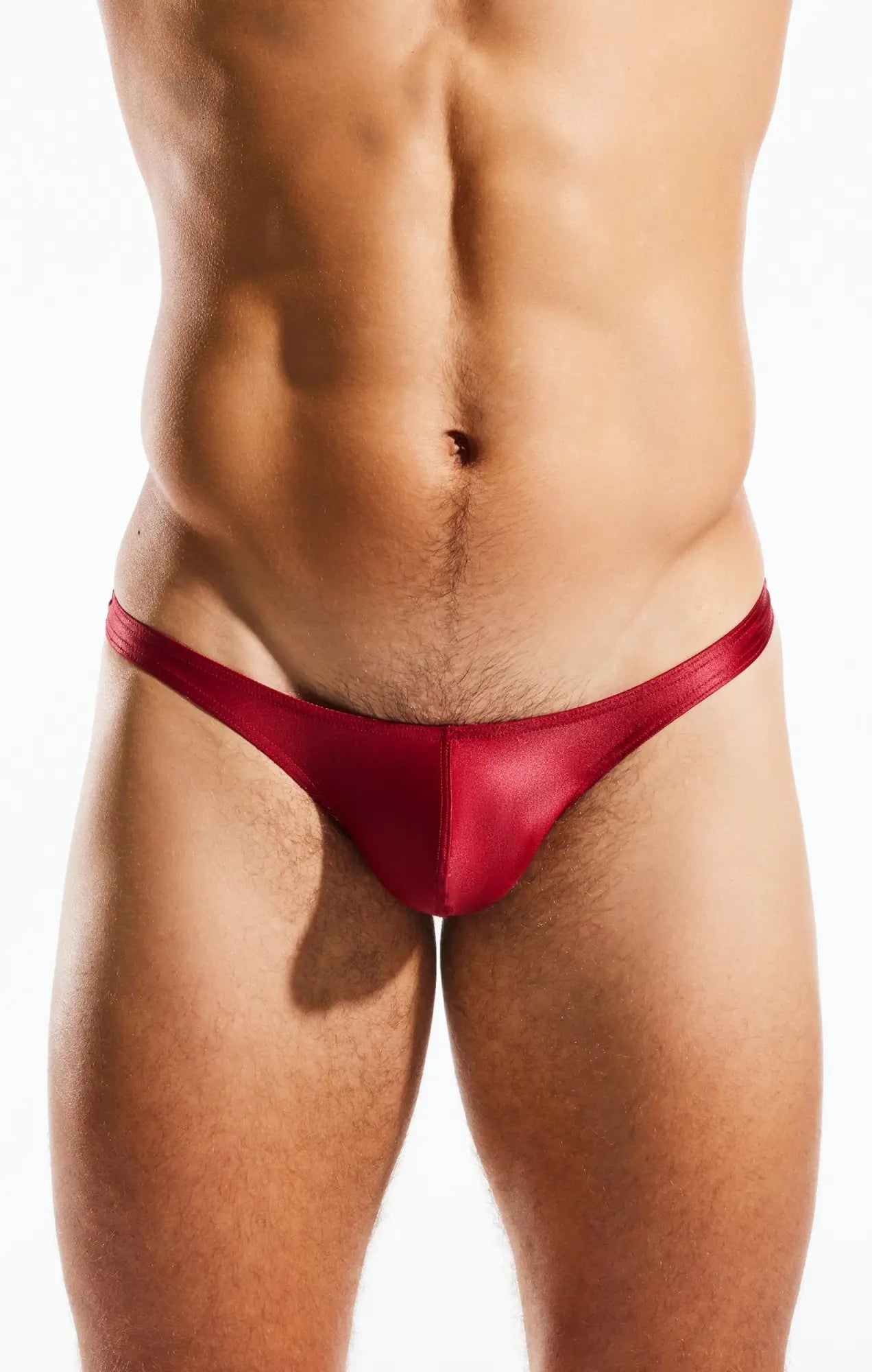 Red satin cx22gs swim thong showcasing the back side with sleek design and vibrant color for swimwear use