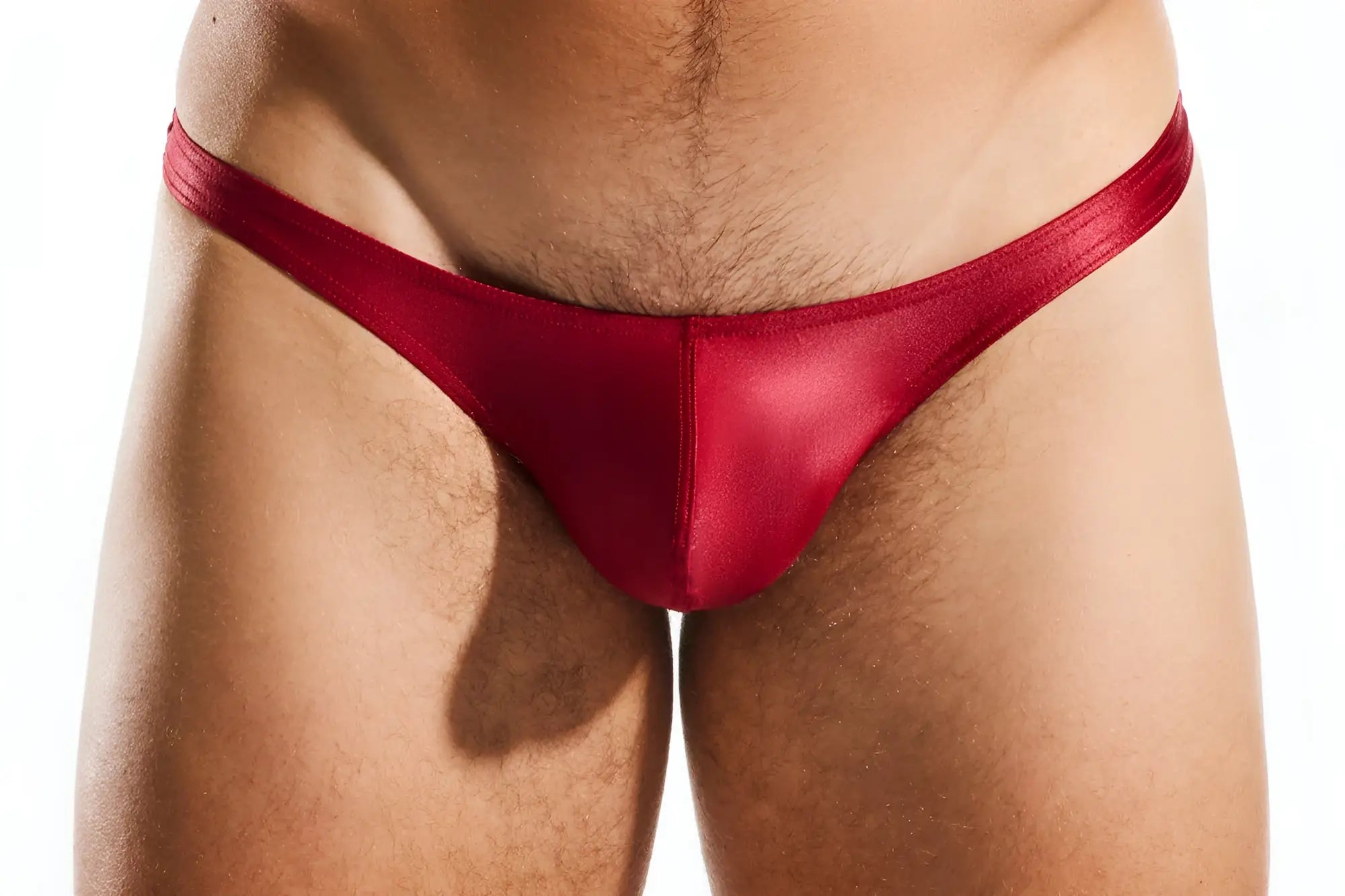 Red satin cx22gs swim thong with smooth shiny finish shown from the back