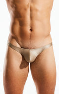 Tan satin cx22gs swim thong briefs with smooth sleek design shown from the back side