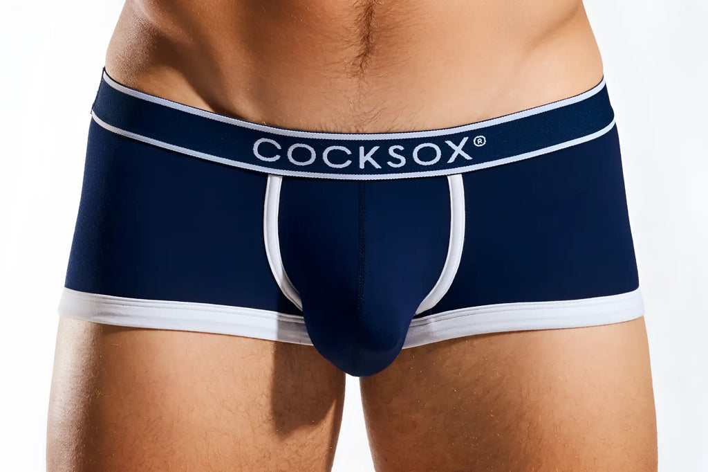 Navy blue cocksox men’s briefs with white trim and logo cx68bb trunk designed for comfort and style