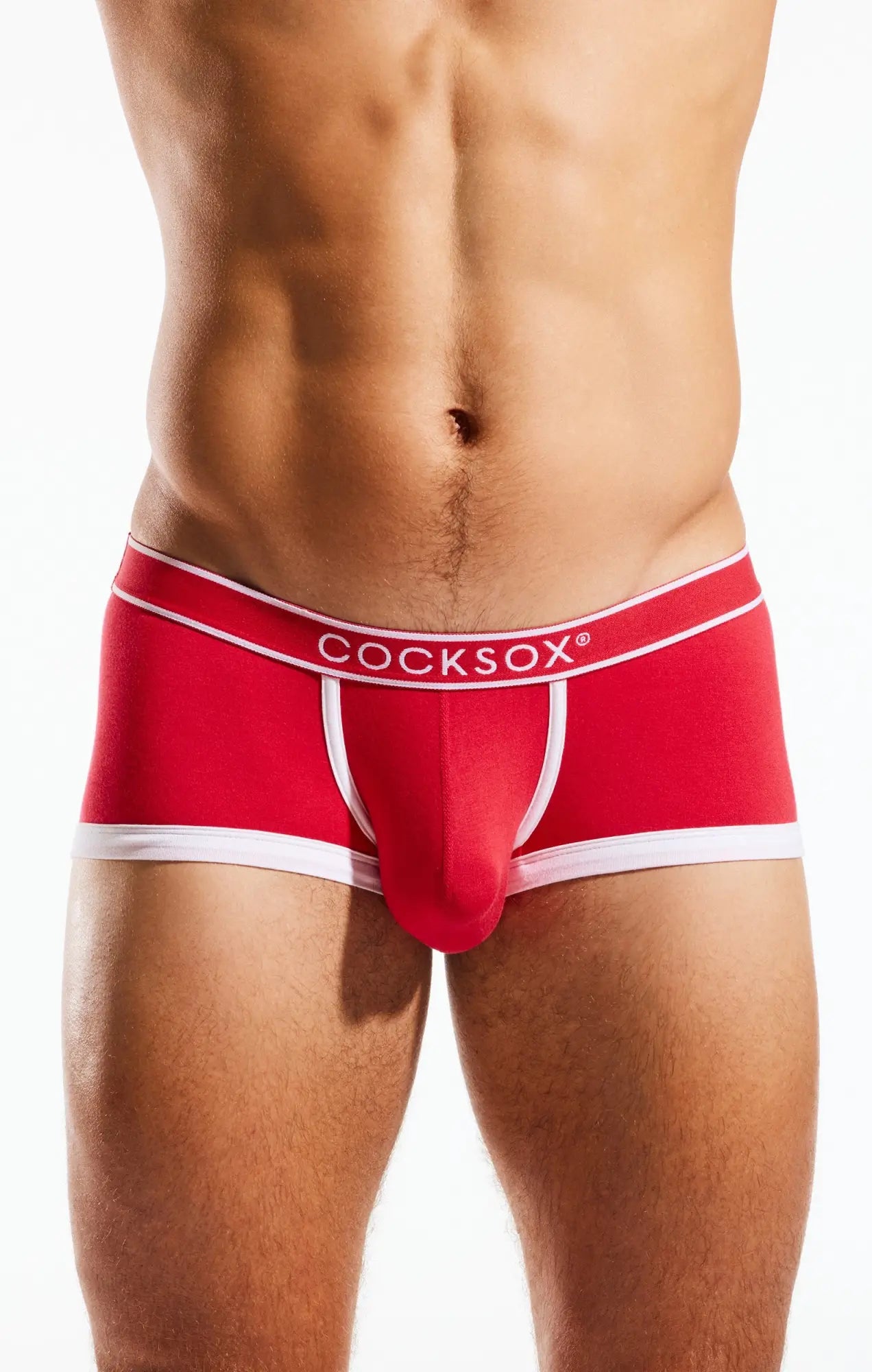 Red cocksox cx68bb trunk men’s underwear trunk style with white trim and branding in red color