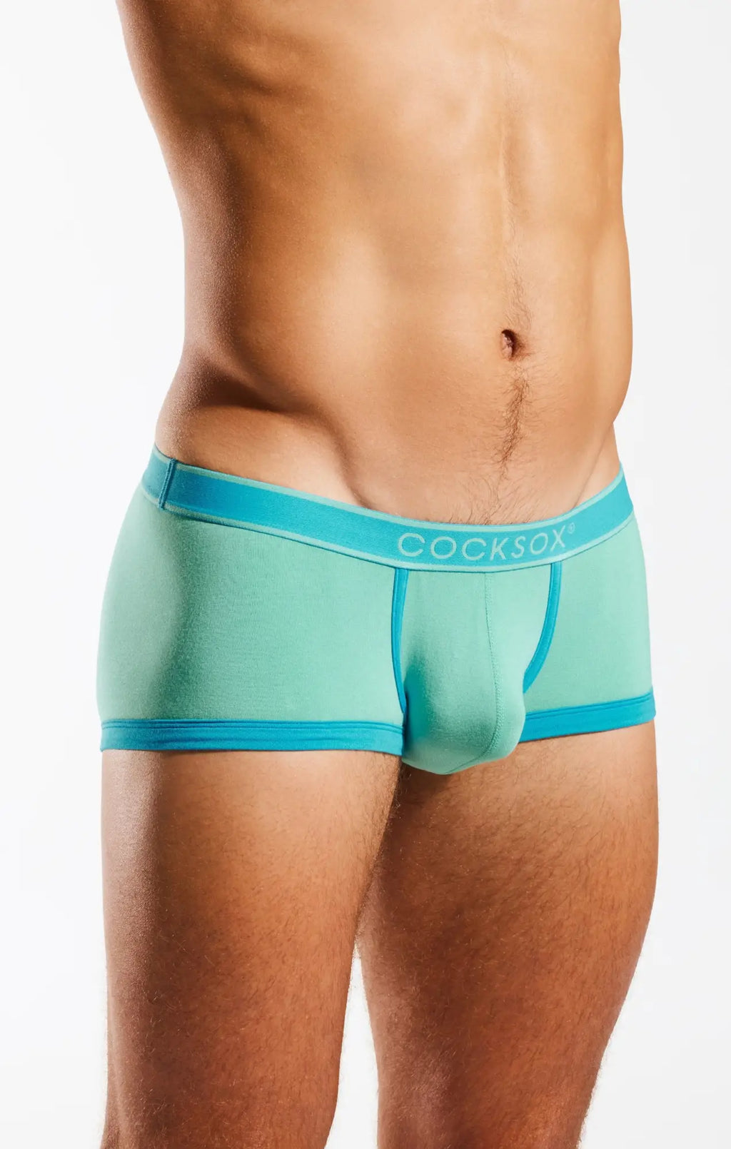 Teal and bright blue cocksox cx68bb trunk men’s briefs with a snug contoured fit for all-day comfort