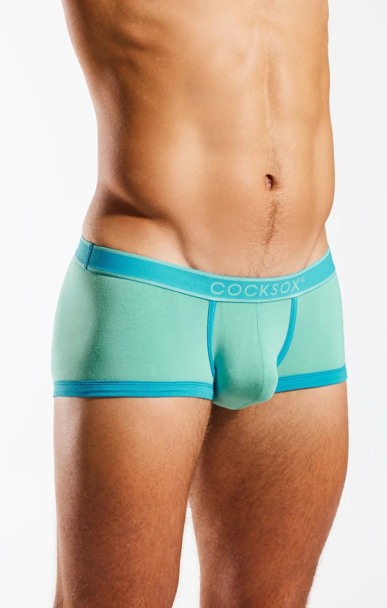 Teal and bright blue cocksox cx68bb trunk men’s briefs with a snug contoured fit for all-day comfort