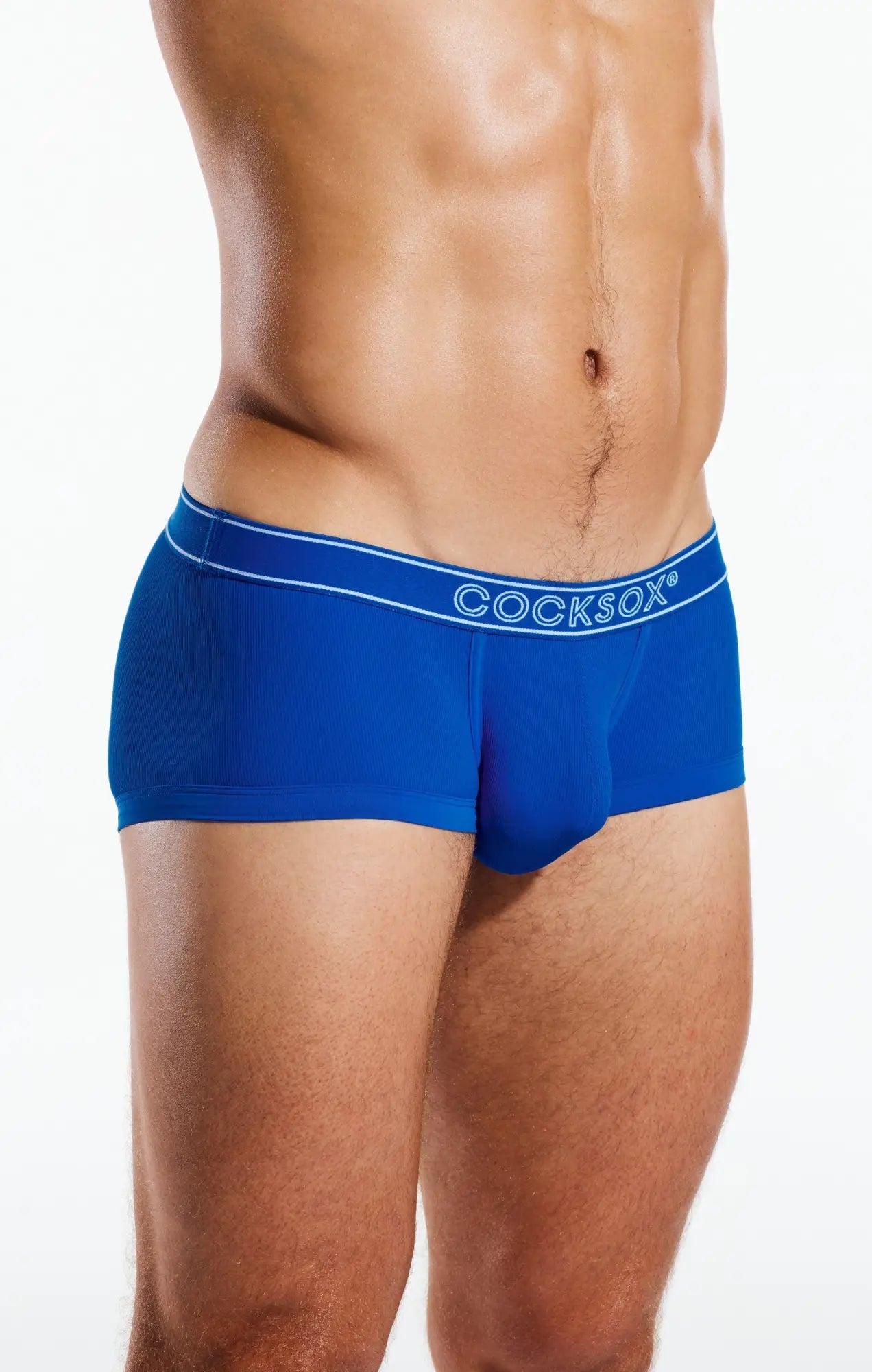 Blue cocksox men’s briefs cx68br trunk with white elastic waistband featuring brand name in cotton blend fabric