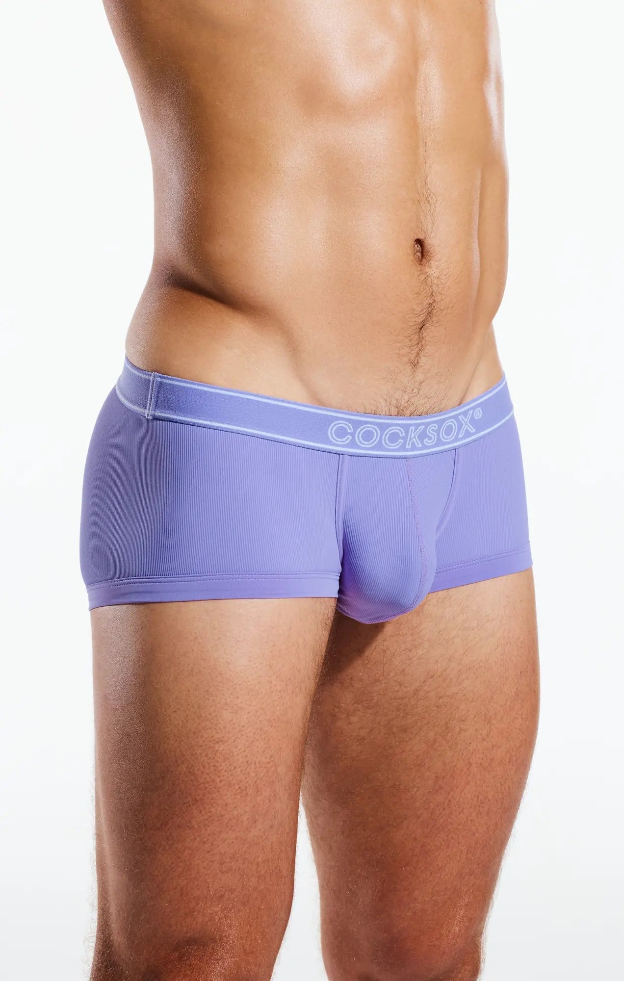 Purple ribbed cocksox men’s briefs cx68br trunk with white logo waistband made from soft stretch fabric