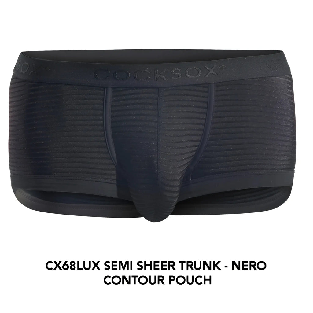 Black cocksox cx68lux semi sheer trunk in black with contoured pouch and ribbed texture for comfortable support