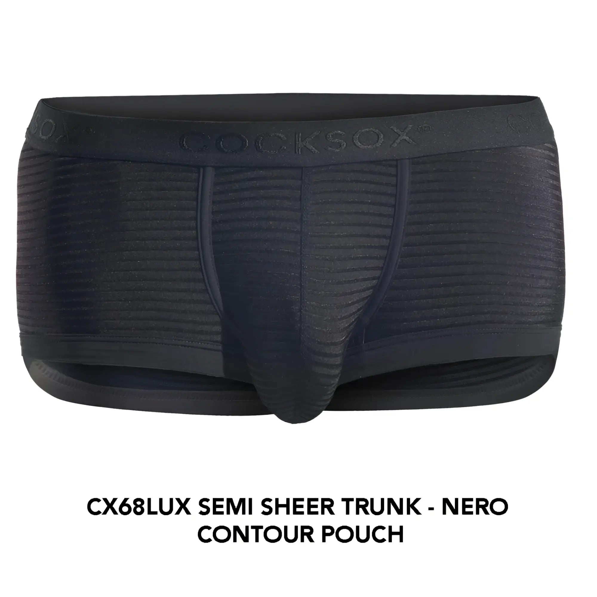 Black cocksox cx68lux semi sheer trunk in black with contoured pouch and ribbed texture for comfortable support