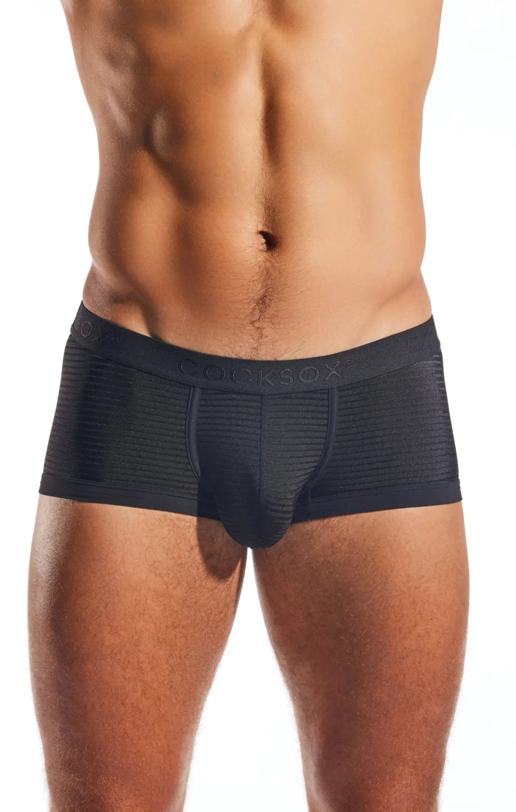 Black textured men’s briefs cx68lux semi sheer trunk with contoured pouch and elastic waistband
