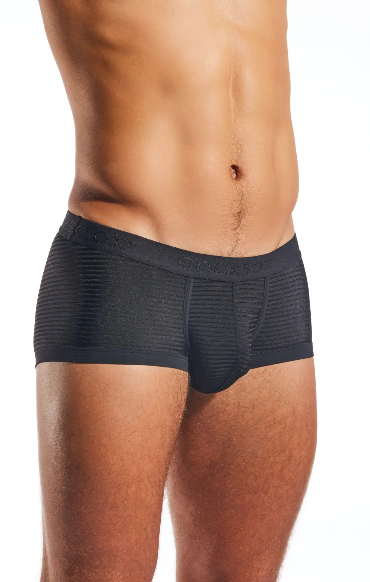 Black cx68lux semi sheer trunk briefs with ribbed waistband featuring brand name and textured fabric