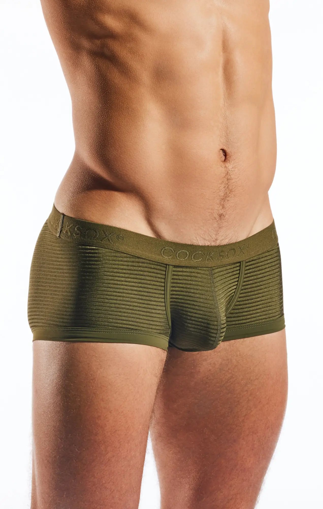 Olive green cockpit brand men’s semi-sheer trunk with vertical stripe texture and elastic waistband cx68lux model