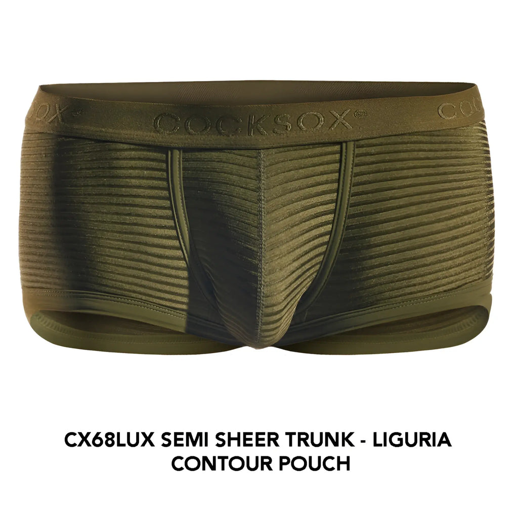 Olive green semi-sheer men’s trunk cx68lux with ribbed texture and contoured pouch design front view