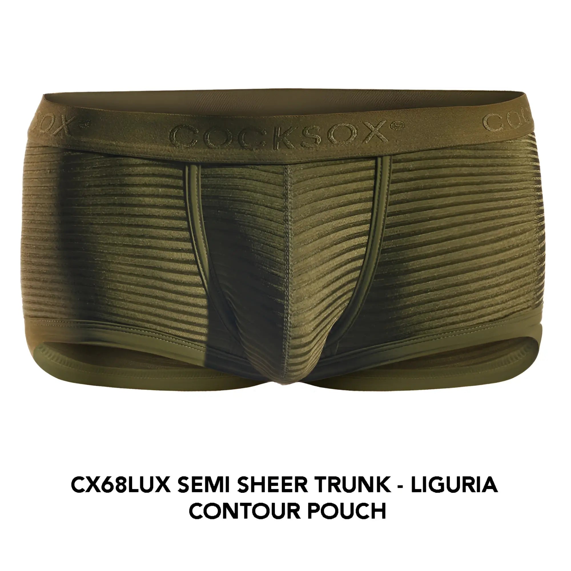 Olive green semi-sheer men’s trunk cx68lux with ribbed texture and contoured pouch design front view