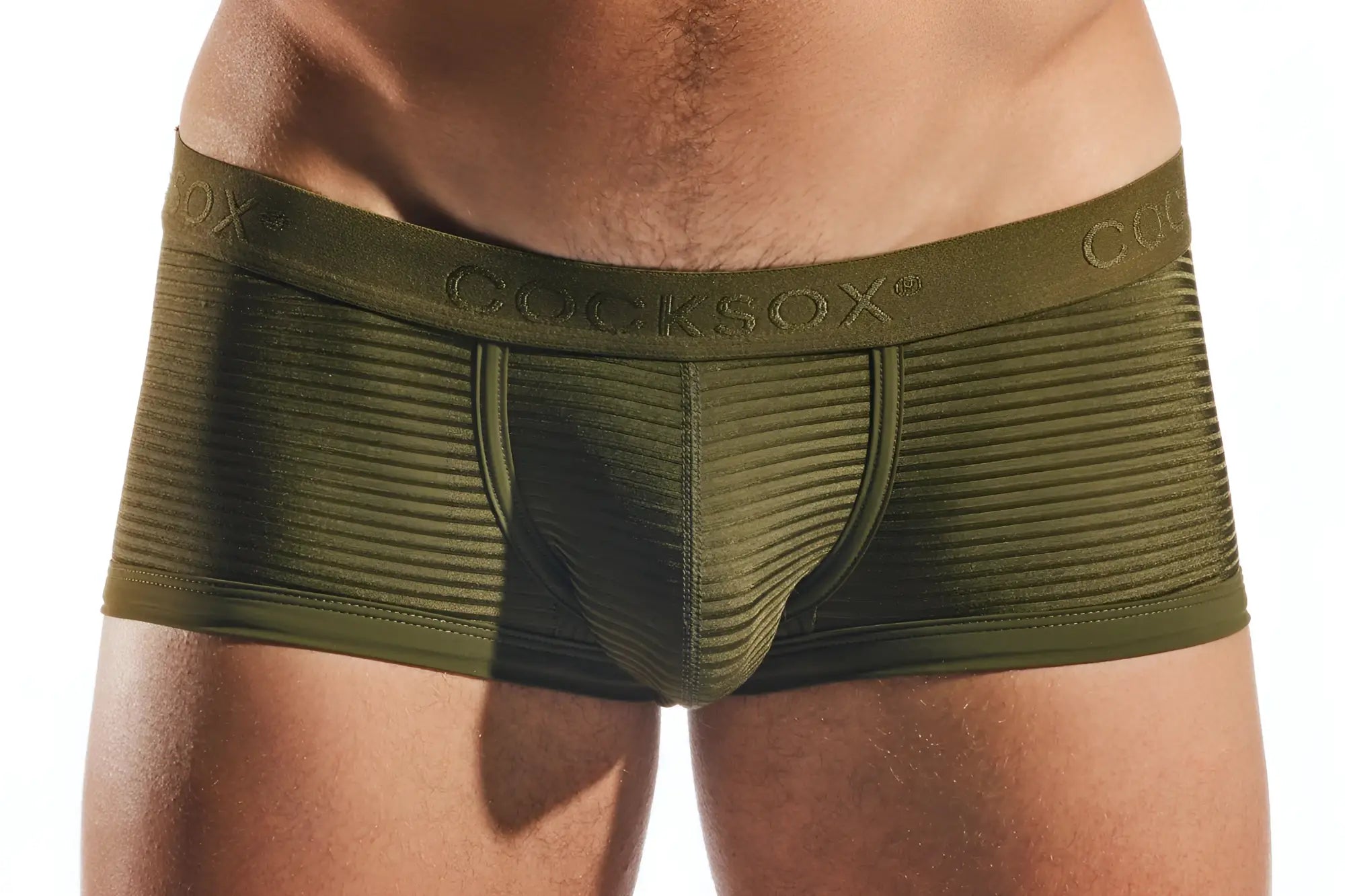 Olive green semi sheer trunk boxer briefs with ribbed texture and cooksox embossed waistband cx68lux model