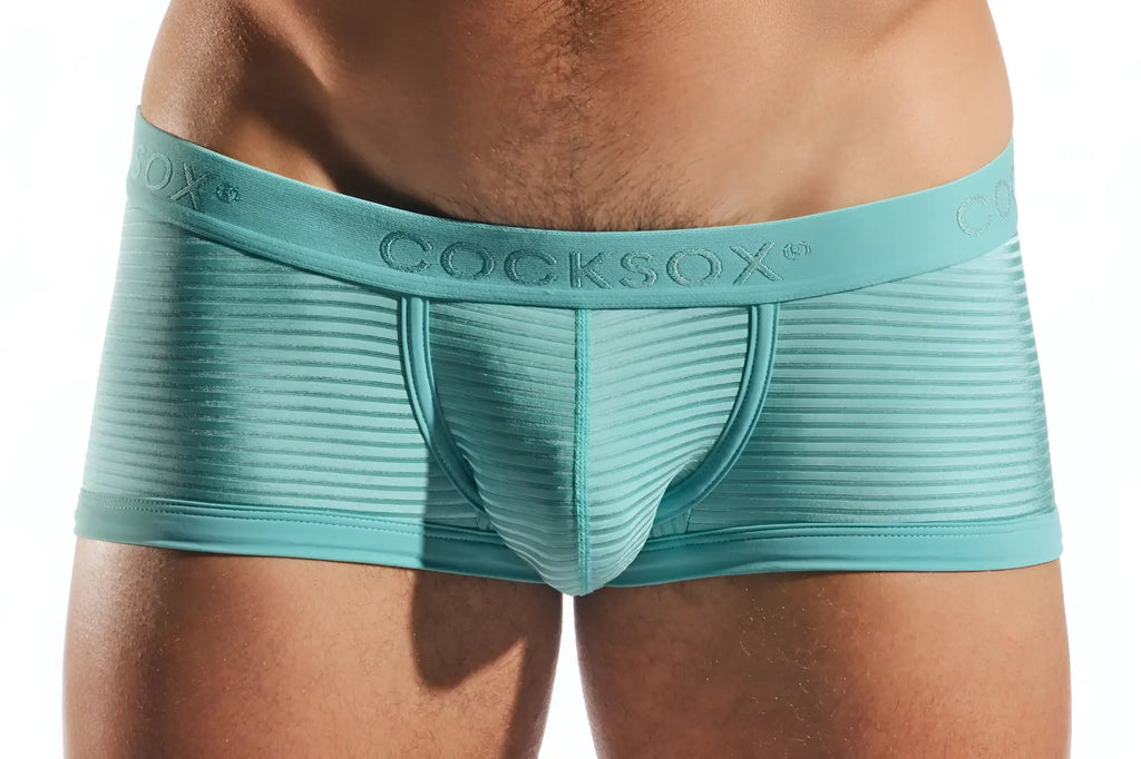 Teal ribbed men’s briefs with a branded waistband in semi-sheer trunk style cx68lux for comfortable wear