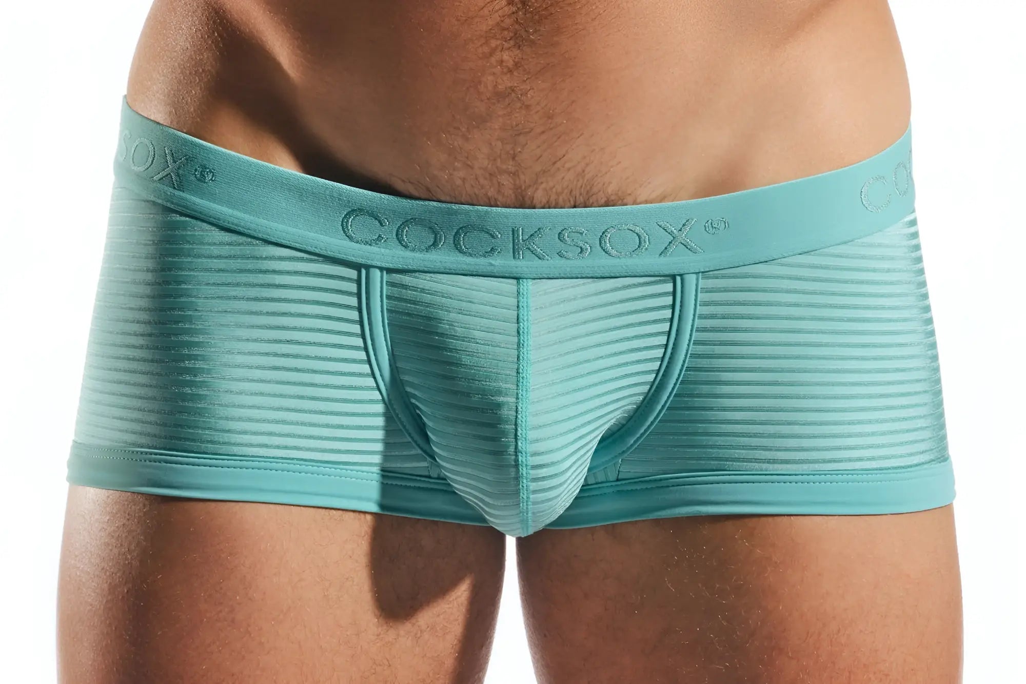 Teal ribbed men’s briefs with a branded waistband in semi-sheer trunk style cx68lux for comfortable wear