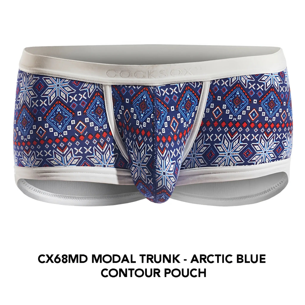 Arctic blue modal trunk cx68md with bold red white and navy geometric snowflake pattern and cream waistband and trim