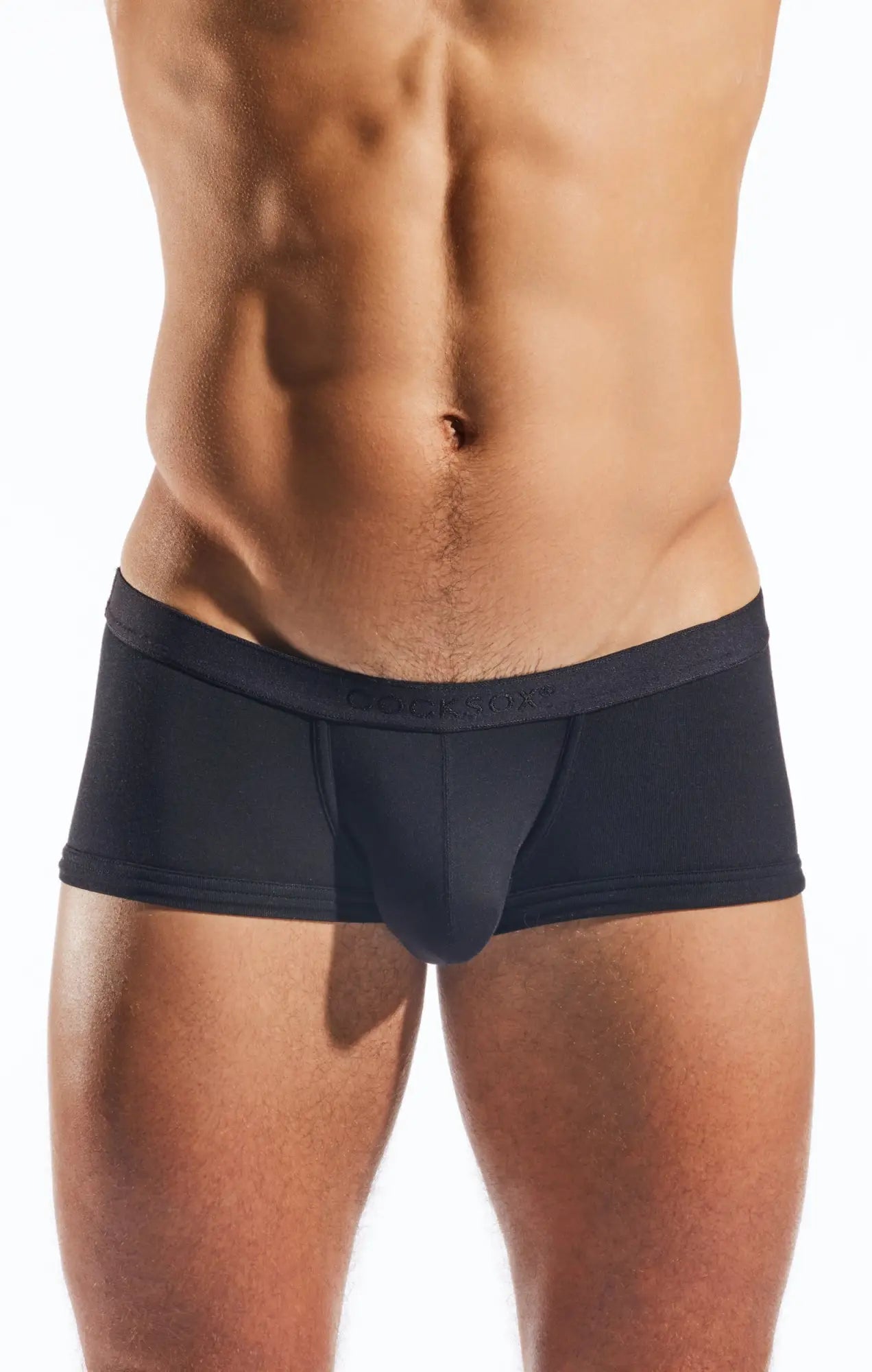 Black men’s briefs cx68md trunk with contoured design and elastic waistband shown from the back side