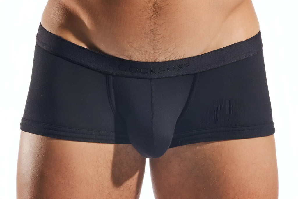 Black form-fitting men’s briefs cx68md trunk with smooth elastic waistband featuring the cocksoft brand name