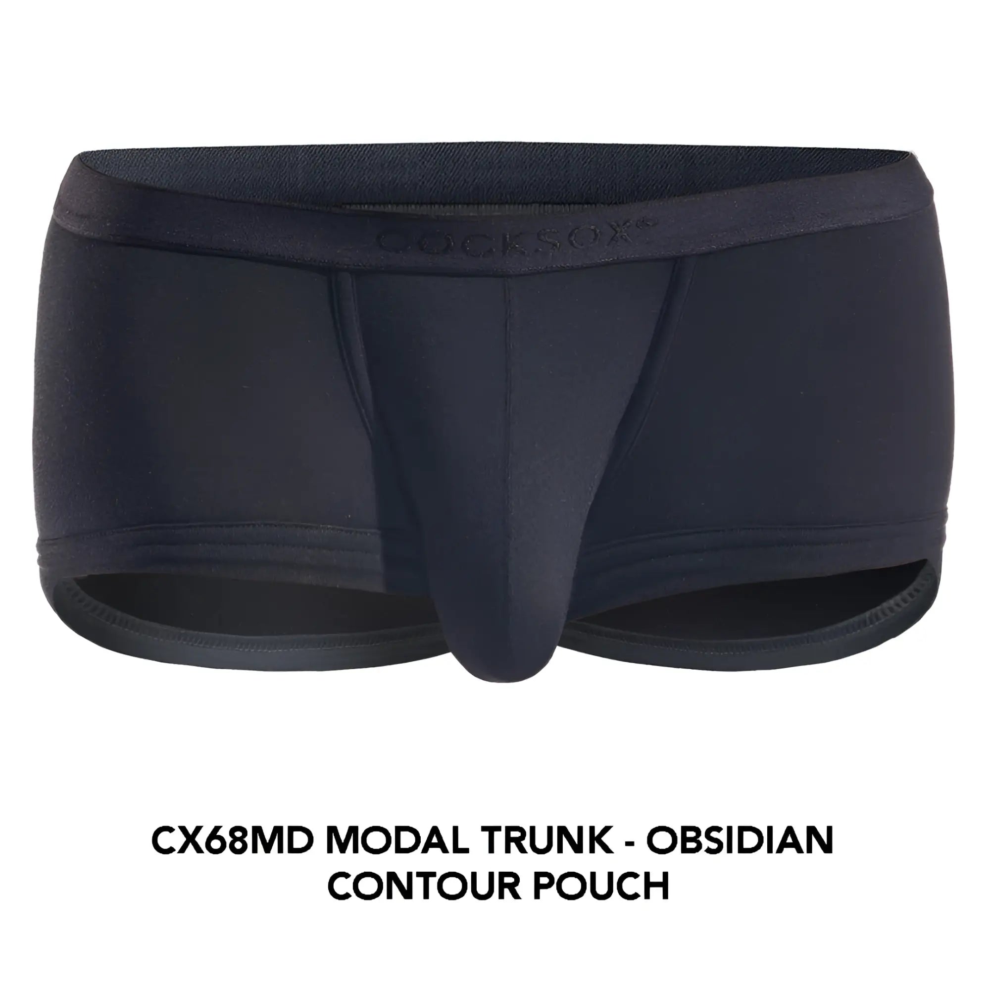 Black modal cx68md trunk with contour pouch and cocksox branding on the waistband for comfortable support