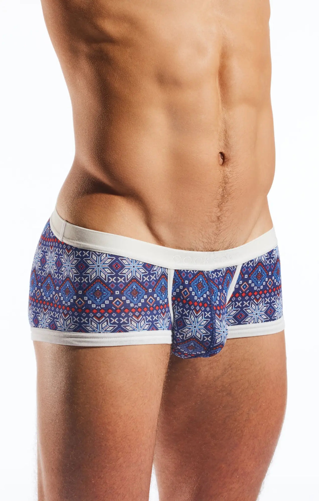 Blue patterned men’s briefs cx68md trunk with white trim and snowflake design for winter wear