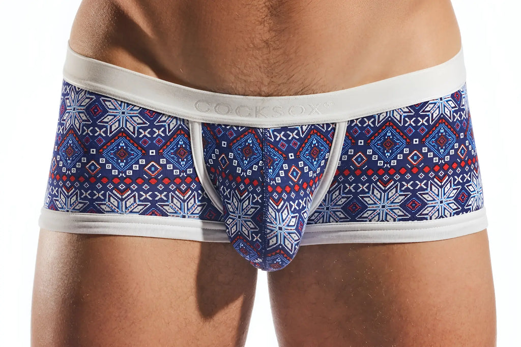 Men’s cocksox cx68md trunk briefs with blue and red geometric snowflake pattern and white elastic waistband