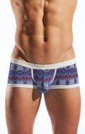 Blue and red patterned boxer briefs with white trim cx68md trunk featuring a vibrant colorblock design