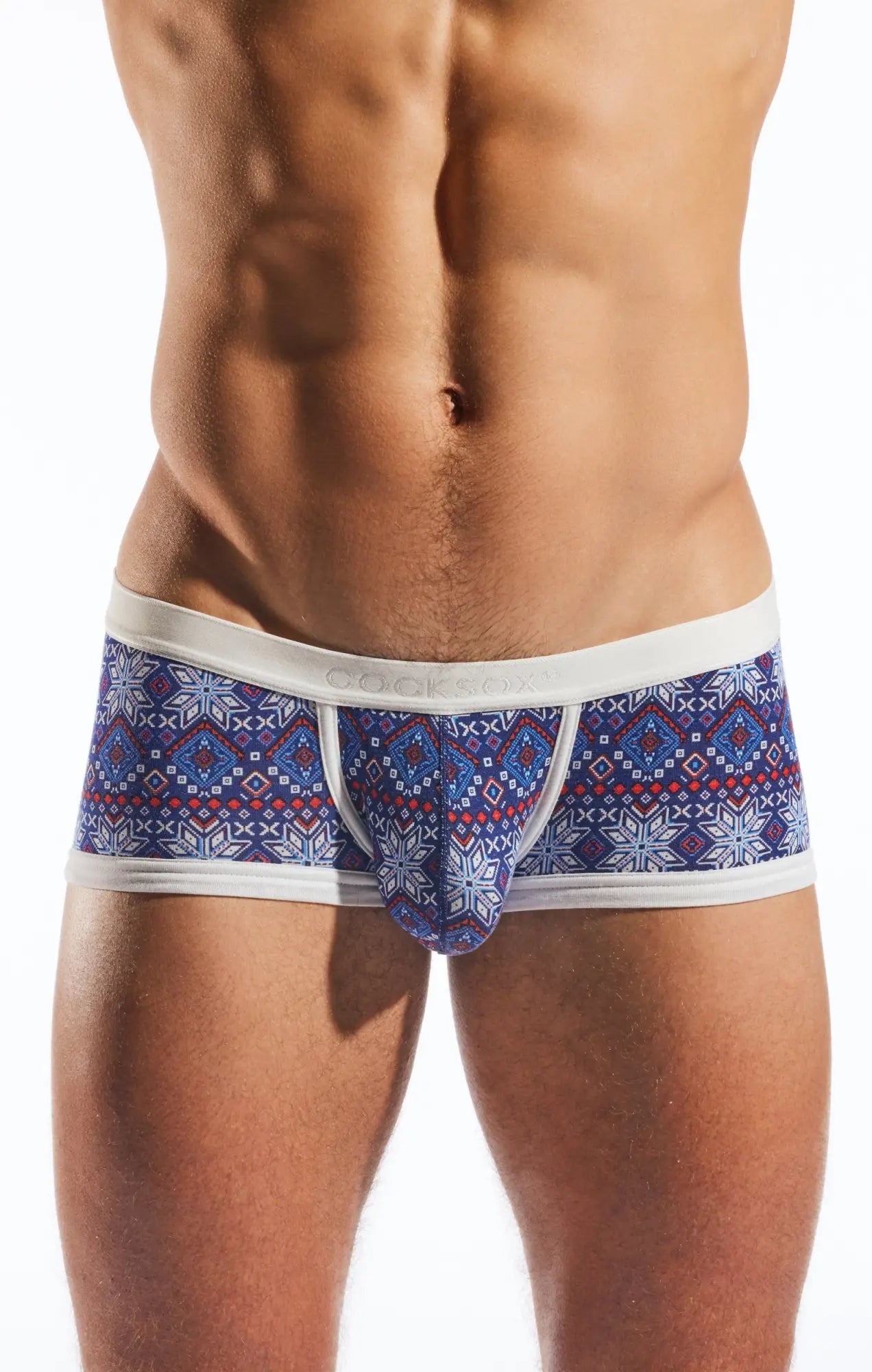 Blue and red patterned boxer briefs with white trim cx68md trunk featuring a vibrant colorblock design