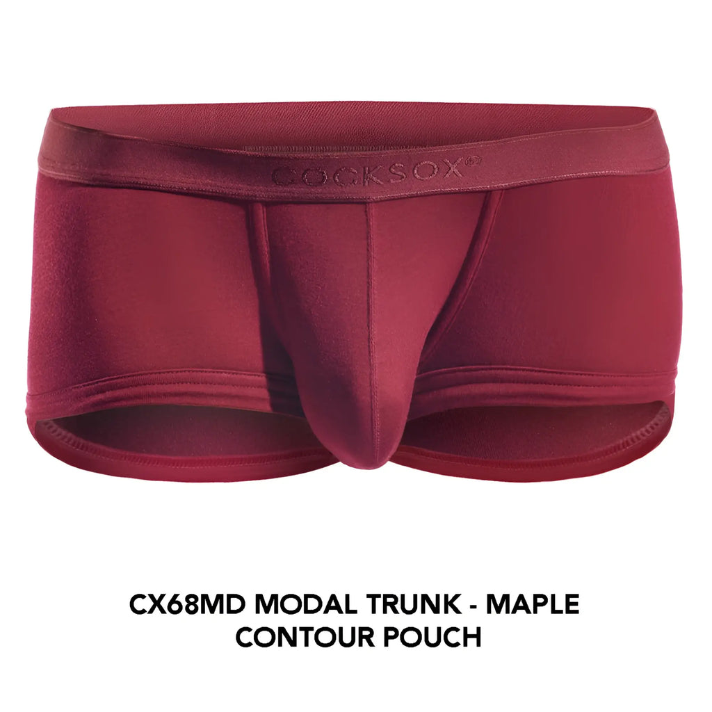 A deep red modal trunk with a contoured pouch design and cooksox embroidered waistband cx68md trunk