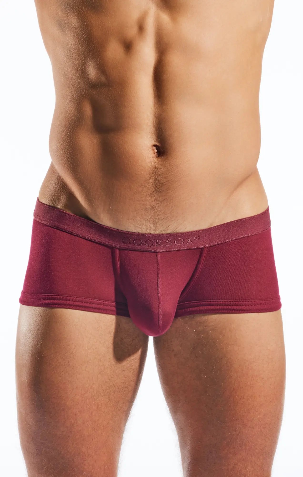 Maroon form-fitting men’s briefs with smooth fabric and cokksox embroidered waistband called CX68MD trunk