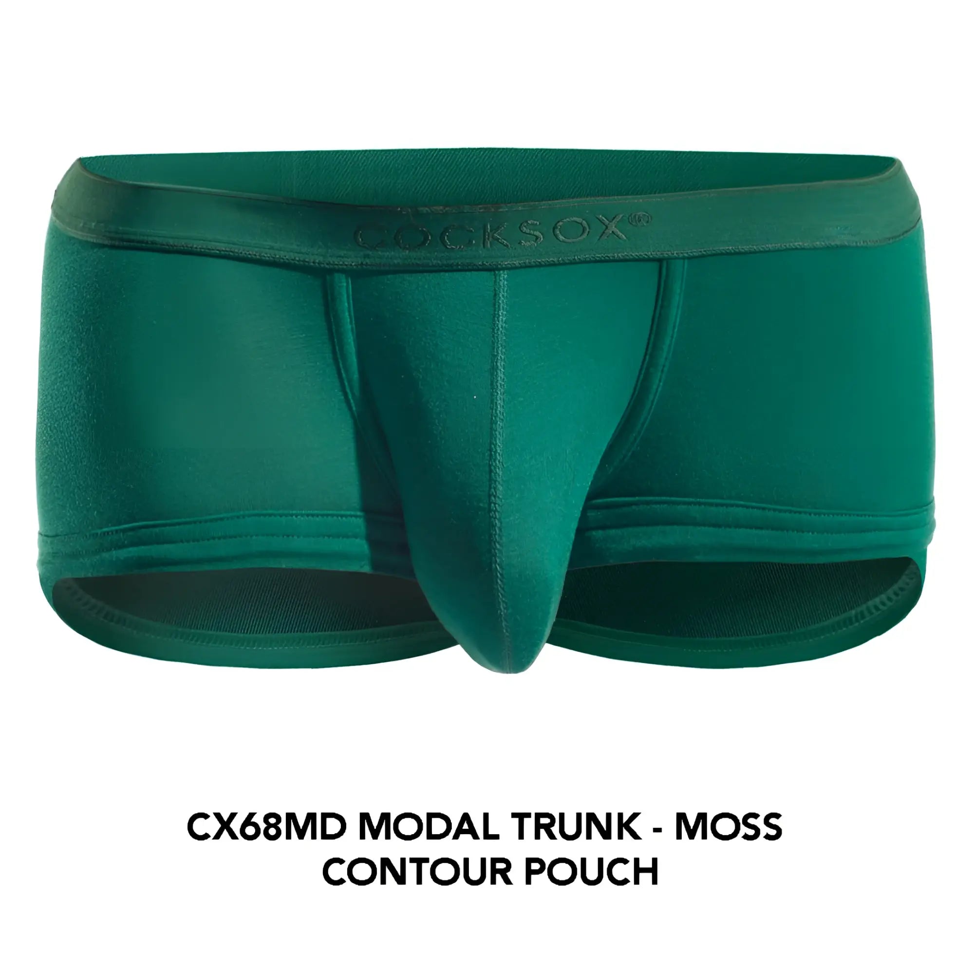 Moss green modal cx68md trunk with contour pouch design and cocksox logo on the waistband