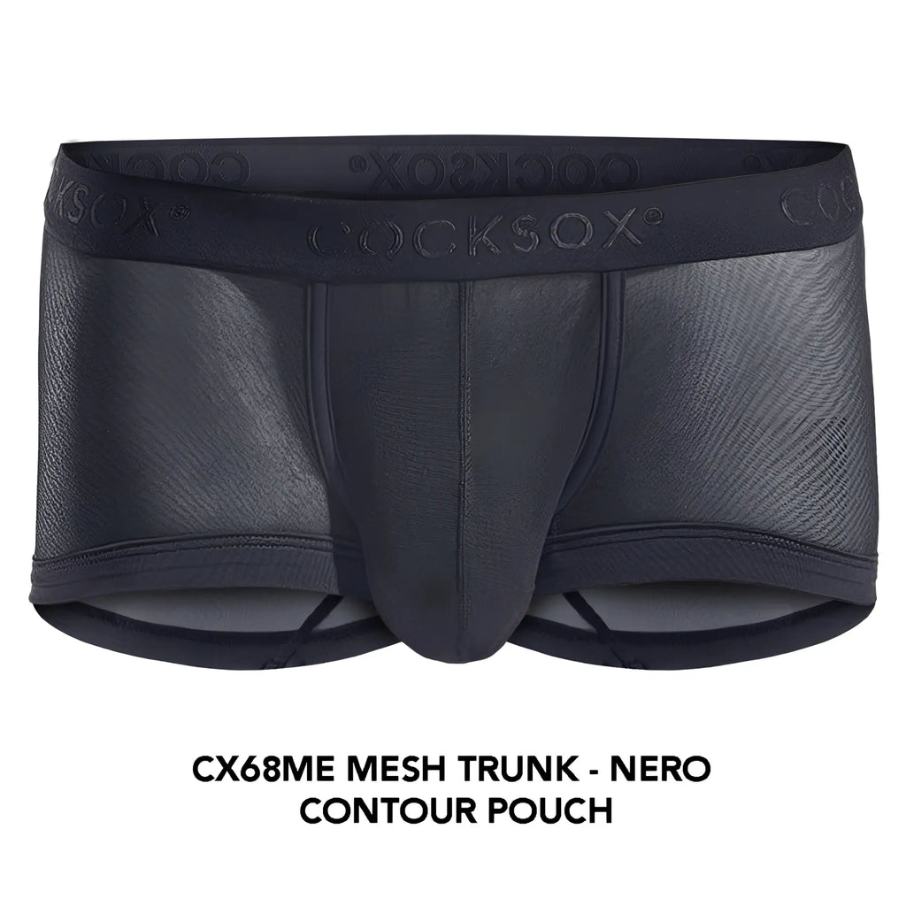 Black mesh trunk cx68me with contoured pouch and cocksox branding on waistband for comfortable wear