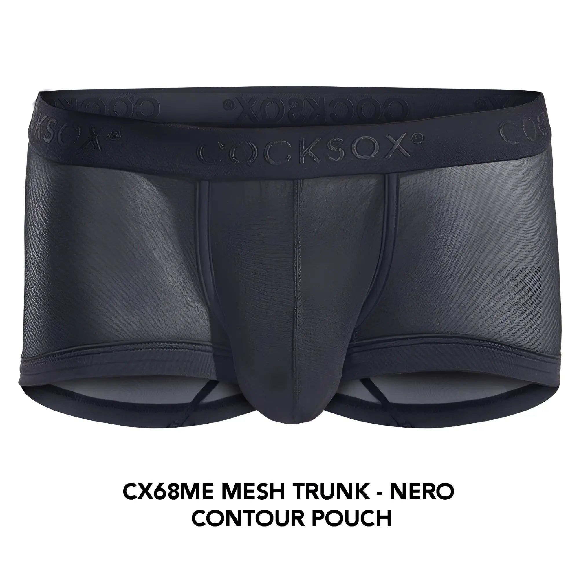 Black mesh trunk cx68me with contoured pouch and cocksox branding on waistband for comfortable wear
