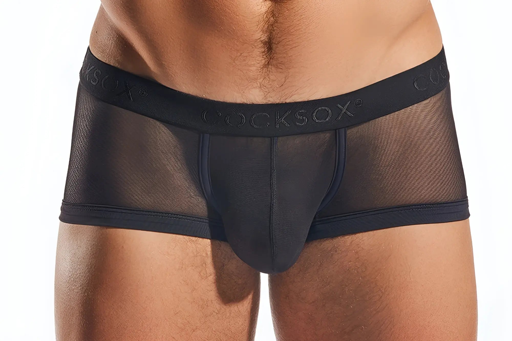 Black mesh briefs with a solid black waistband featuring cocksox branding cx68me mesh trunk front view
