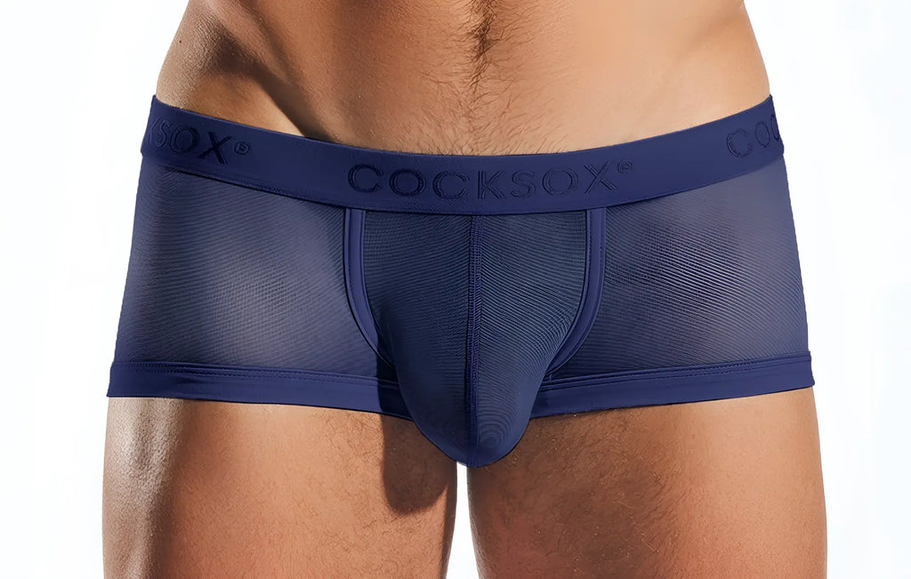 Navy blue cocksox men’s briefs cx68me mesh trunk with breathable mesh fabric and branded waistband