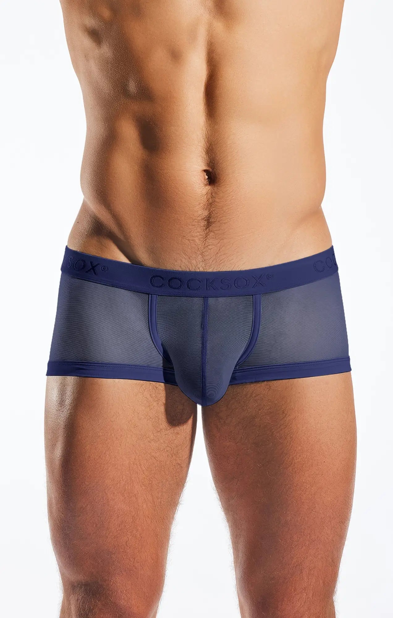 Navy blue mesh briefs with a solid coopsox waistband featuring breathable fabric in the cx68me mesh trunk design