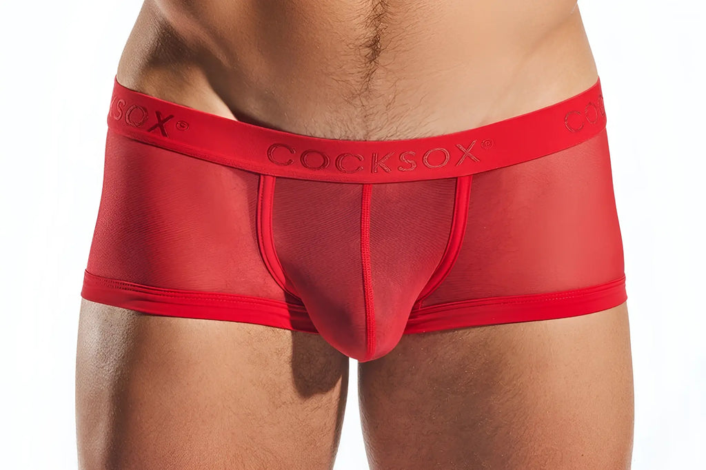Red cocksox cx68me mesh trunk mens underwear with red mesh front and elastic waistband